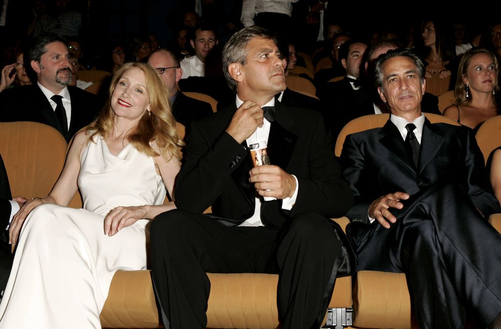 Patricia Clarkson, George Clooney and David Strathairn at the 2005 Venice Film Festival premiere of Good Night, and Good Luck