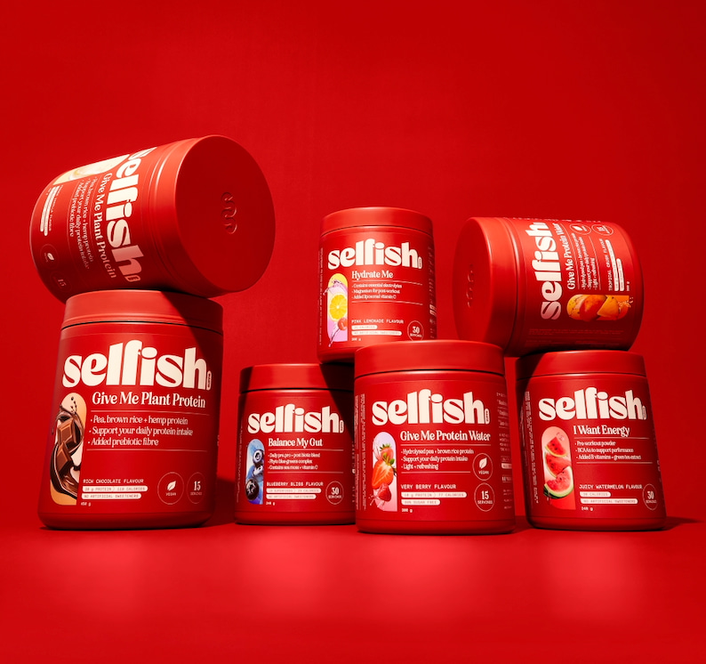 Selfish range of products on red background