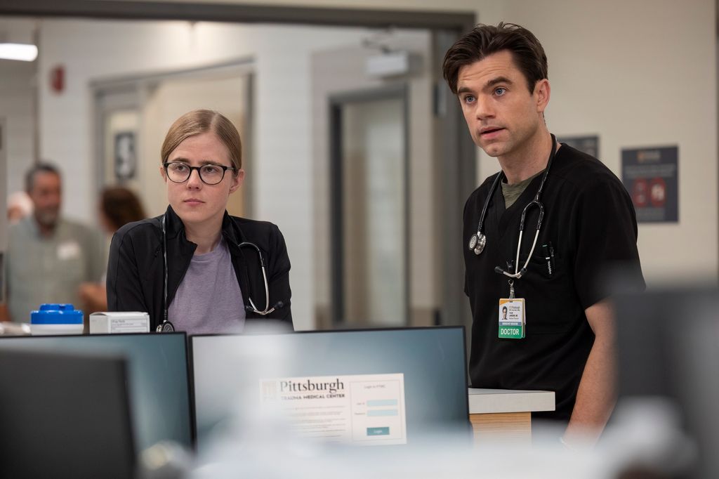 Patrick Ball as Dr Langdon in The PittMel looks on as Kiara and Carlson interview Drew. (Warrick Page/MAX)
