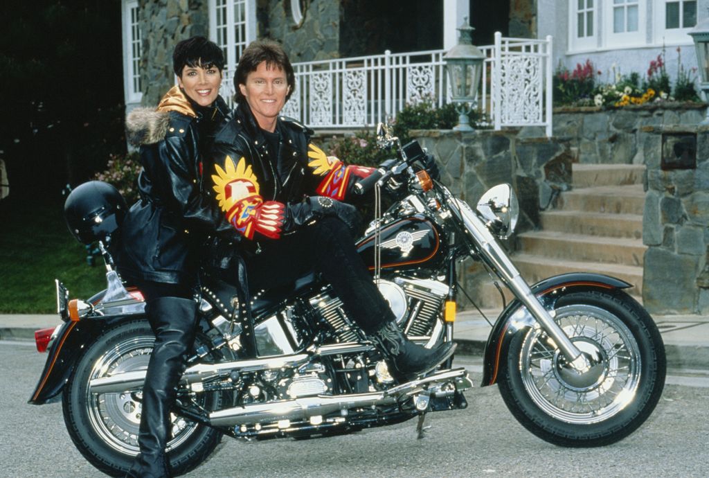 Caitlyn Jenner poses on a Harley-Davidson with his partner Kris Jenner, formerly Kris Kardashian, circa 1991