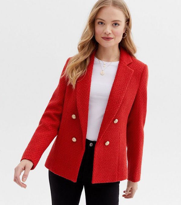 red boucle utility blazer new look