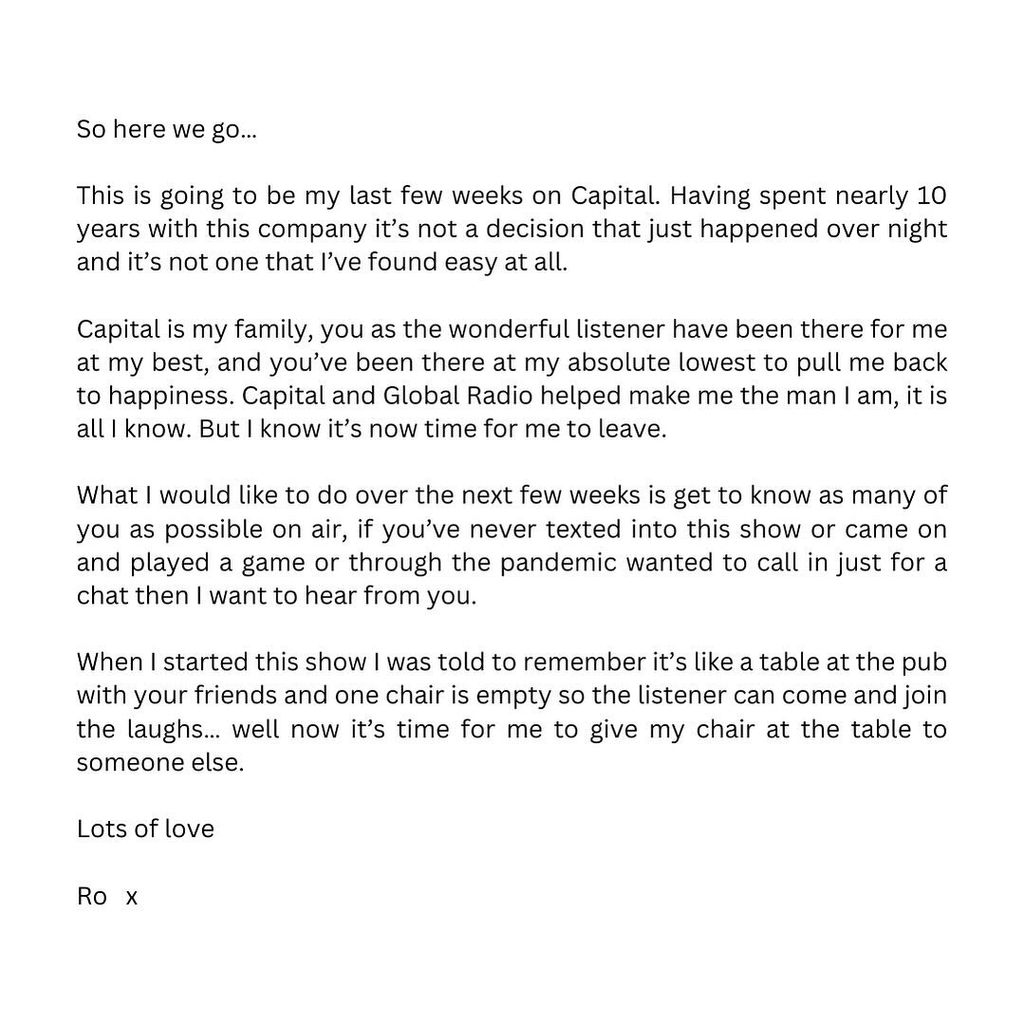 A photo of Roman Kemp's statement about leaving Captial Radio