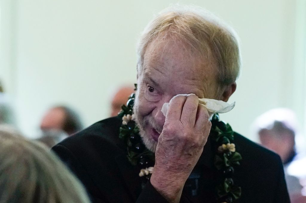 Jeff Carter cries as he departs a funeral service for former US First Lady Rosalynn Carter, at Maranatha Baptist Church in Plains, Georgia, on November 29, 2023.