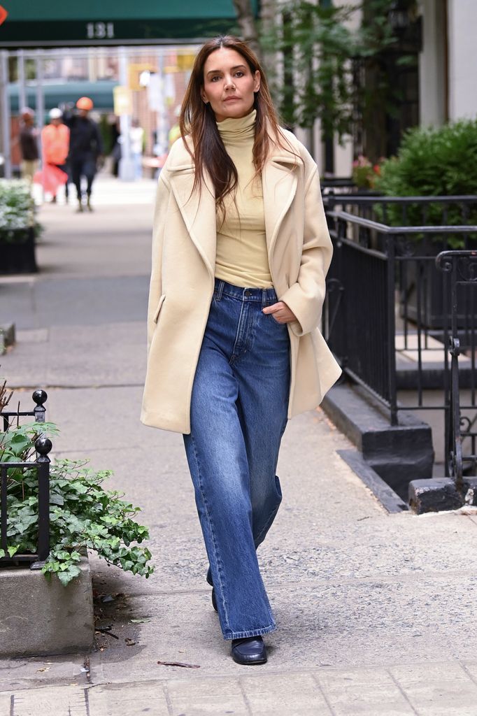 katie holmes in buttery beige hues