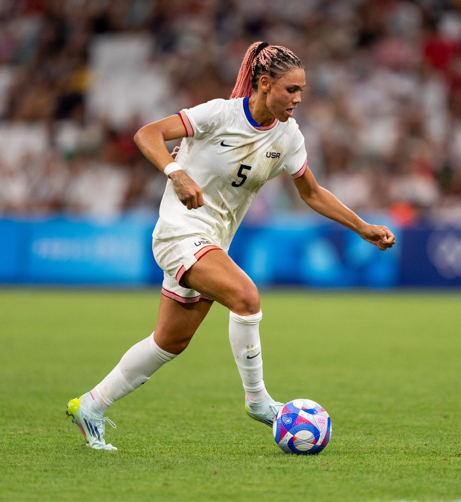 Trinity Rodman #5 of the United States dribbles during the Women's Group B match between Germany and USWNT during the Olympic Game Paris 2024 