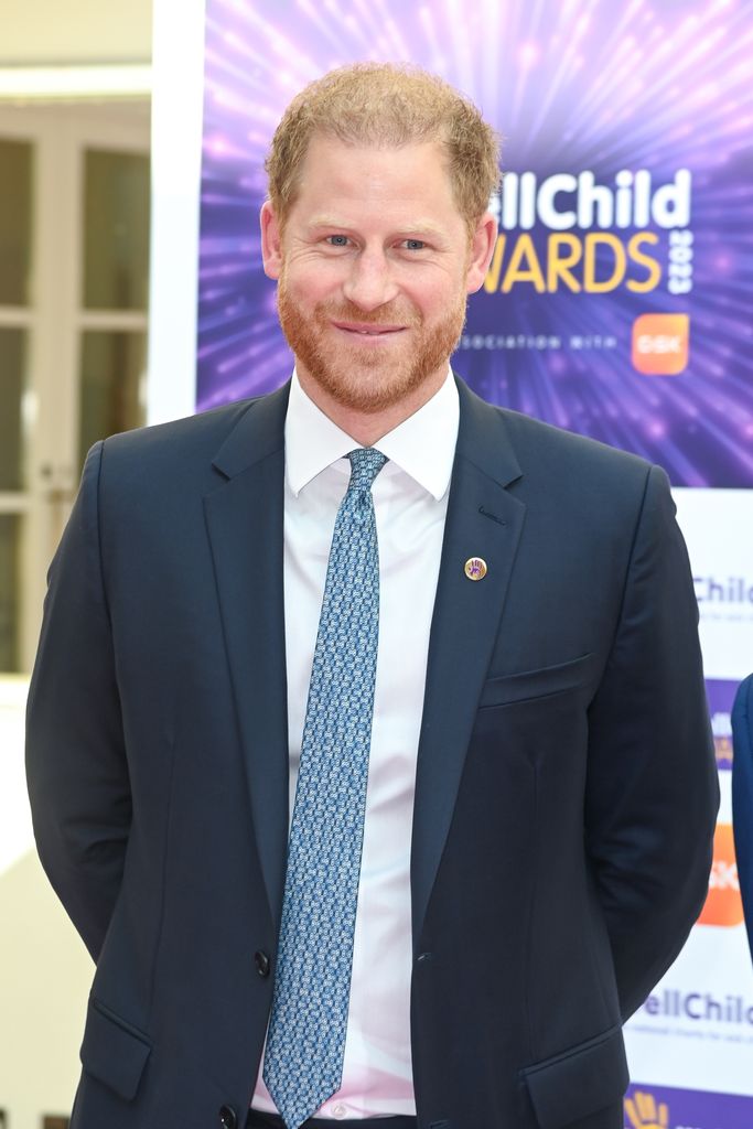 Prince Hary in a blue suit in front of a WellChild sign