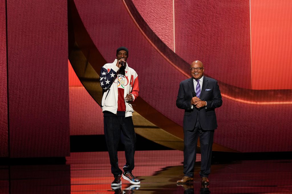 NBCUNIVERSAL UPFRONT EVENTS -- 2024 NBCUniversal Upfront from Radio City Music Hall in New York City on Monday, May 13, 2024 -- Pictured: (l-r) Snoop Dogg, Special Correspondent & Mike Tirico, host, "Paris 2024 Olympic Games" on NBC