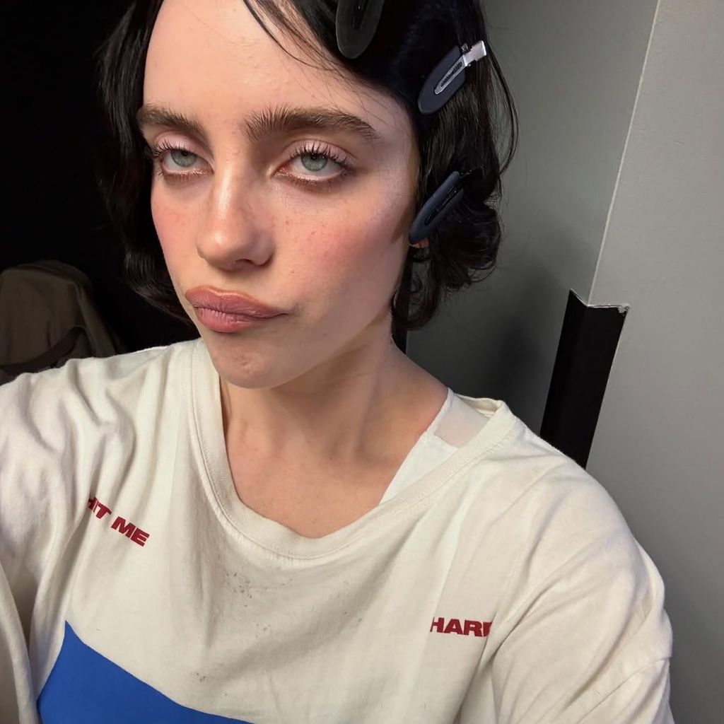 Billie Eilish shares a selfie wearing a tour t-shirt and hair clips, shared on Instagram