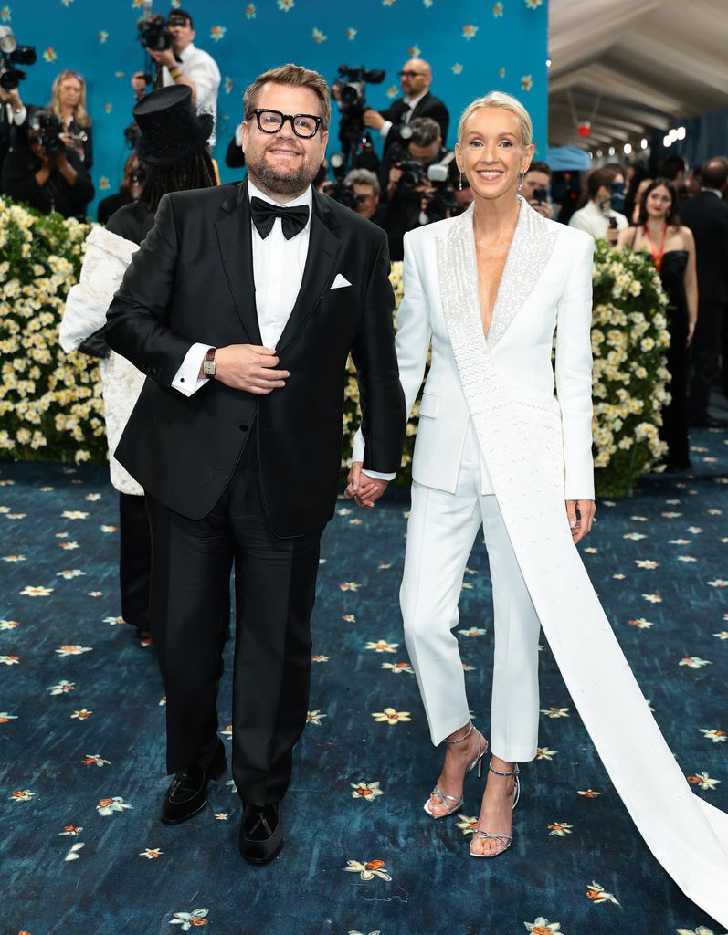 James Corden and Julia Carey attend the 2025 Met Gala Celebrating "Superfine: Tailoring Black Style" at Metropolitan Museum of Art on May 05, 2025 in New York City