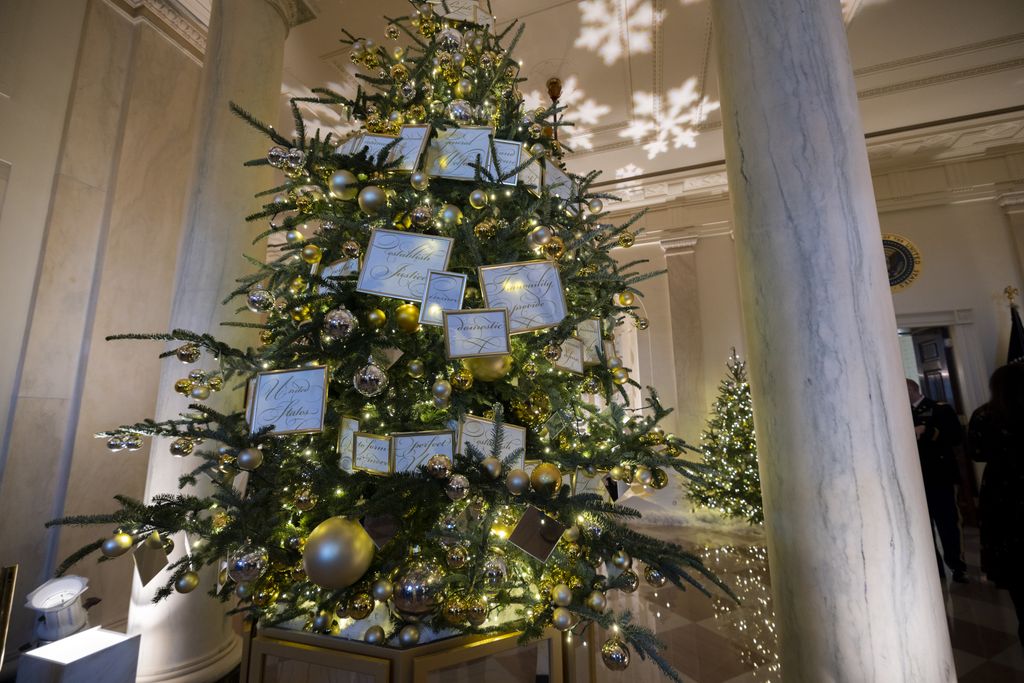 Christmas decorations are seen in the entrance and cross hall of the White House as part of First Lady Dr. Jill Biden's We the People decorative theme in Washington, DC on November 28th, 2022