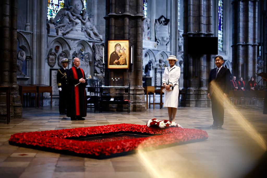 Japan's Emperor Naruhito and Empress Masako lay a wreath at the Grave of the Unknown Warrior during a visit to Westminster Abbey
