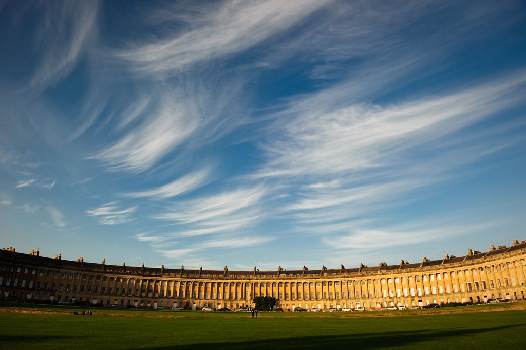 Wisps of clouds over the Royal Crescent in Bath, England.
