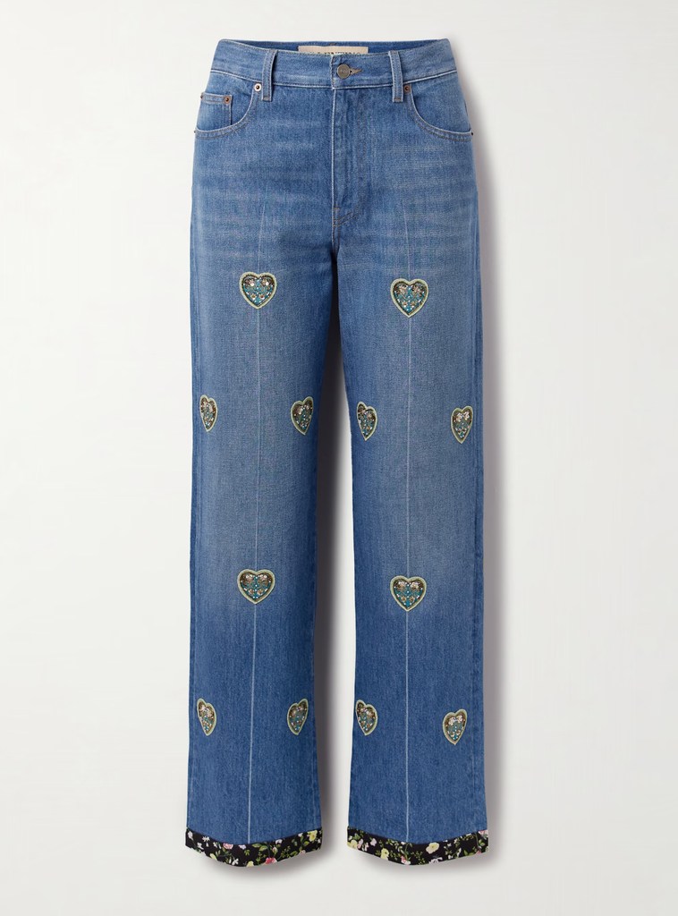 Embroidered embellished high-rise straight-leg jeans valentino