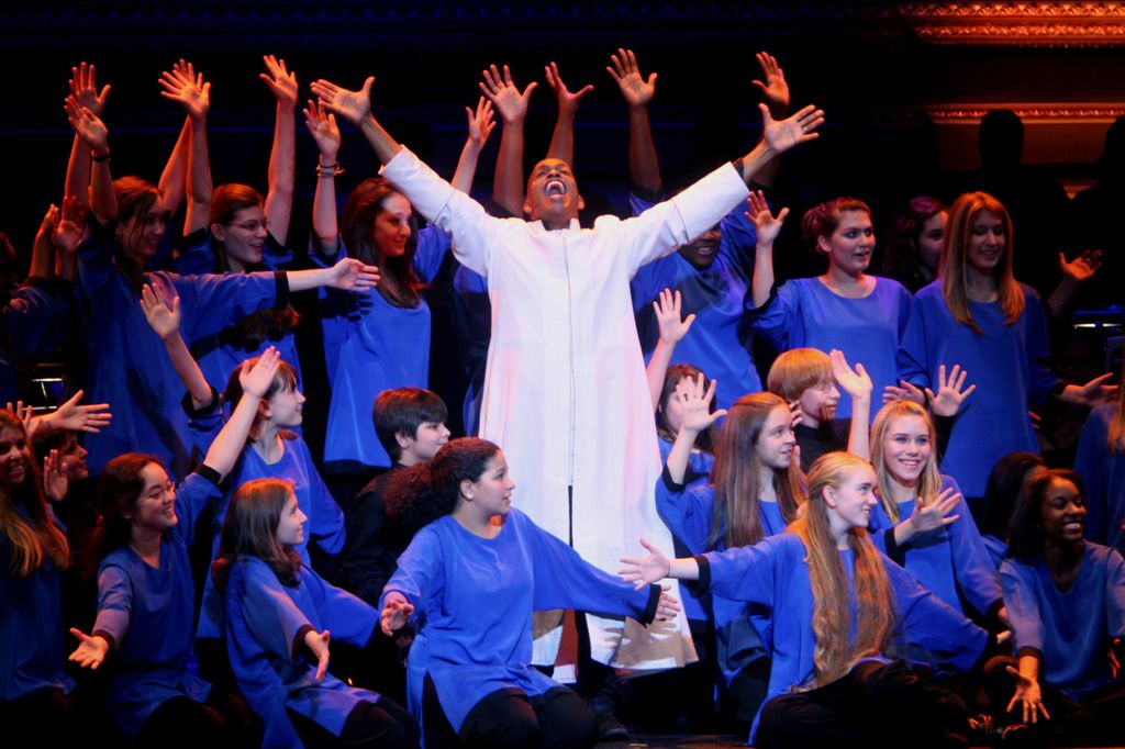 Baltimore Symphony Orchestra in Leonard Bernstein's "Mass" at Carnegie Hall on Friday night, October 24, 2008.The orchestra was joined by Street Chorus, Morgan State University Choir, Brooklyn Youth Chorus and Stony Brook University Marching Band.This image;Jubilant Sykes, in white, as Celebrant