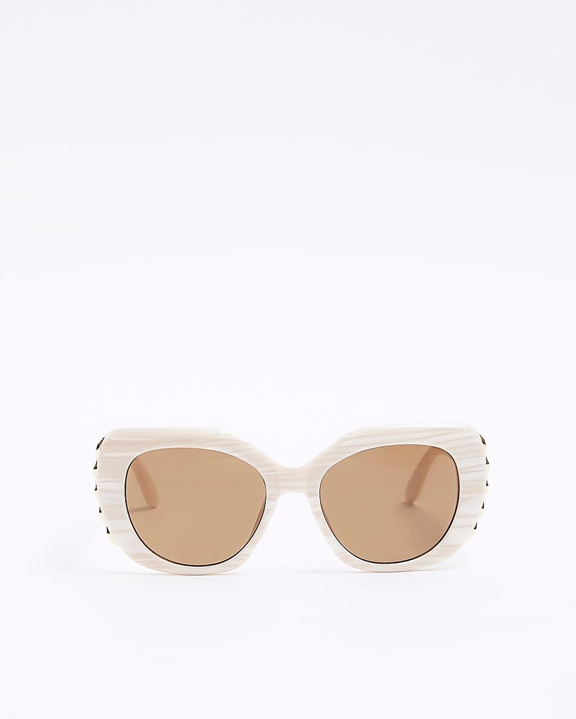 Cream Embellished Square Sunglasses