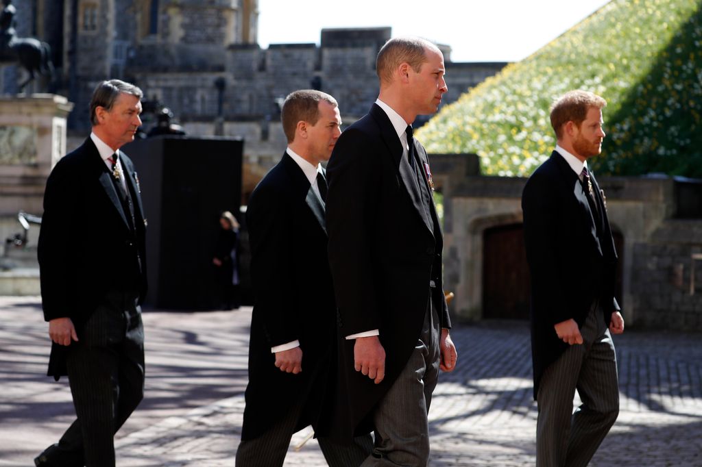 Prince Harry walks the Ceremonial Procession during the funeral of Prince Philip in April 2021