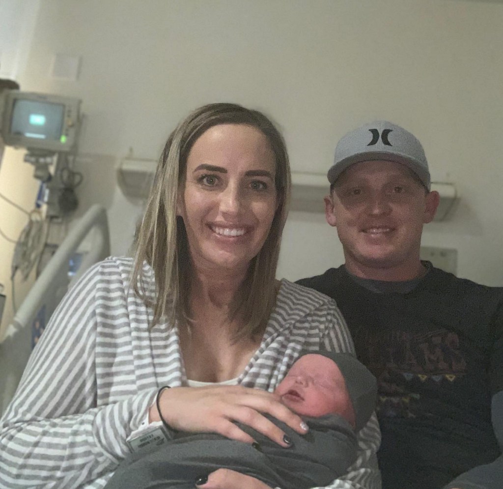 Photo shared by Spencer Wright on Instagram March 2021 with his wife Kallie and their newborn son Levi