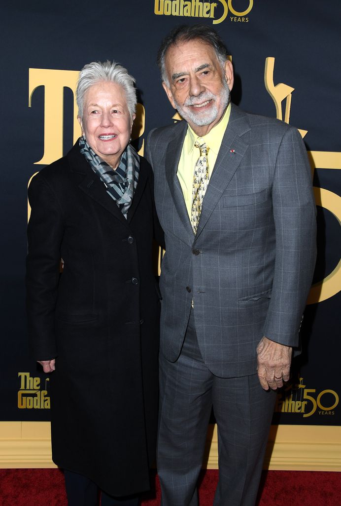 Francis Ford Coppola (L) and his wife Eleanor Coppola arrives at the "The Godfather" 50th Anniversary Celebration at Paramount Theatre on February 22, 2022 in Los Angeles, California