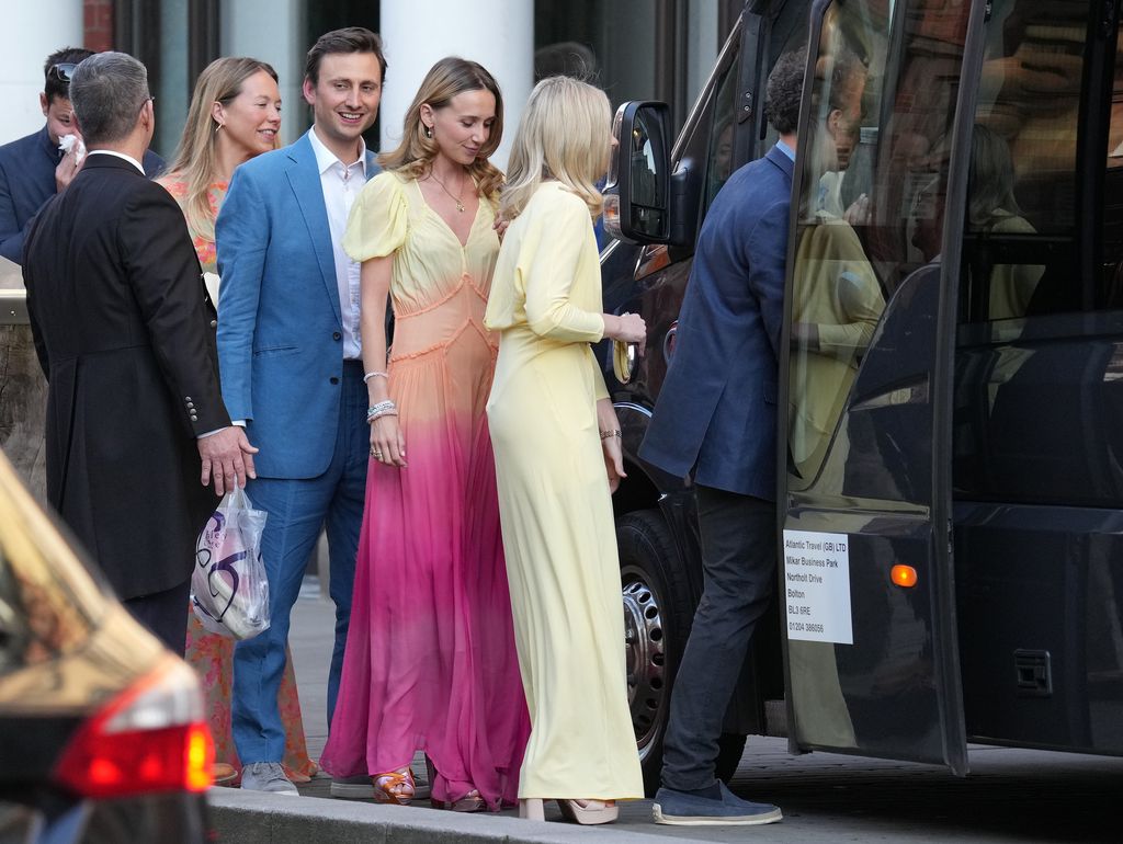 Thomas Van Straubenzee, Lucy Lanigan-O'Keeffe, Charlie Van Straubenzee and Daisy Jenks leave for the evening party for the wedding of The Duke of Westminster