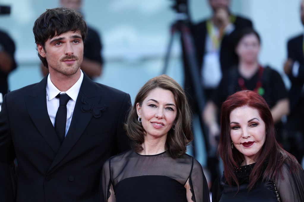 Jacob Elordi, Sofia Coppola and Priscilla Presley attend a red carpet for the movie "Priscilla" at the 80th Venice International Film Festival