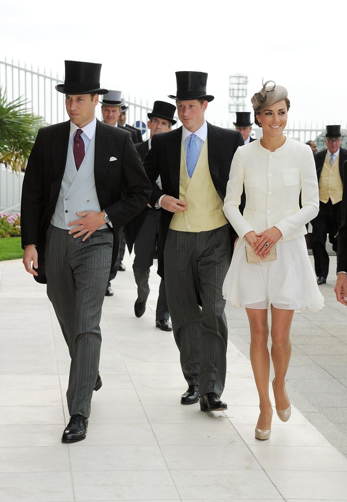  Prince William and Prince Harry in races suits and Catherine in white mini dress
