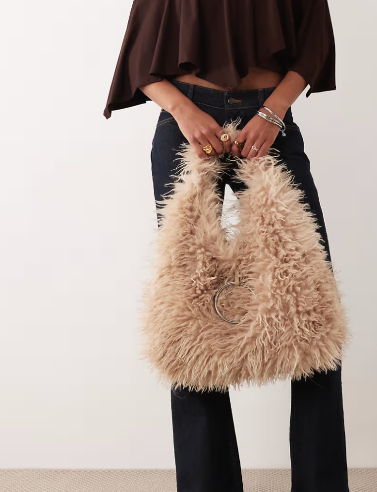 shaggy faux fur oversized shoulder bag in beige