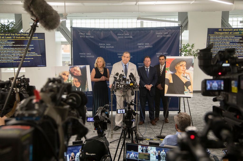 Attorneys representing cinematographer Halyna Hutchins family, Randi McGinn, left, Brian Panish, Kevin Boyle and Jesse Creed announce a wrongful death lawsuit during a press conference on Tuesday, Feb. 15, 2022 in Los Angeles, CA