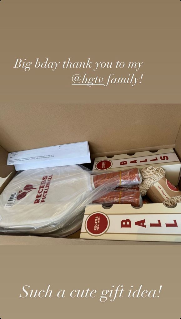 Christina Hall shares a photograph of pickleball gift box she received for her birthday from HGTV, shared on Instagram