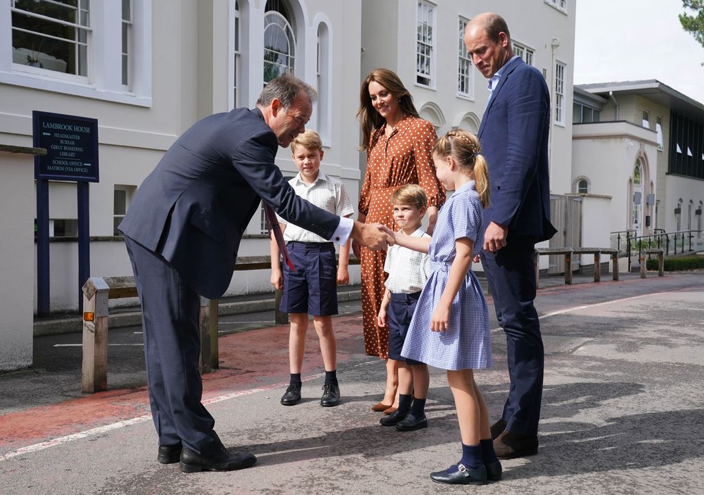 Headmaster of Lambrook greeting Prince George, Princess Kate, Prince Louis, Prince william and Princess Charlotte