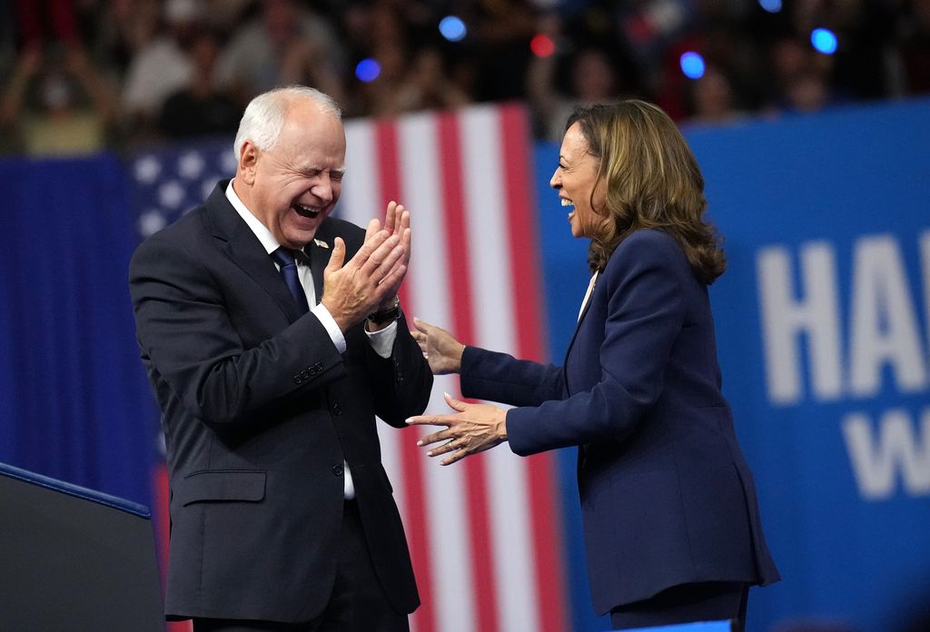 Democratic presidential candidate, U.S. Vice President Kamala Harris and Democratic vice presidential candidate Minnesota Gov. Tim Walz appear on stage together during a campaign event at Girard College on August 6, 2024 in Philadelphia, Pennsylvania. Harris ended weeks of speculation about who her running mate would be, selecting the 60-year-old midwestern governor over other candidates. (Photo by Andrew Harnik/Getty Images)