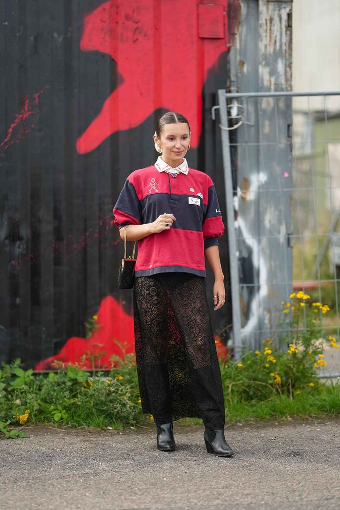 Girl wearing polo top and maxi skirt