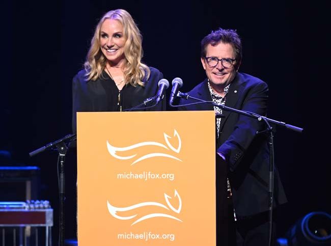 Michael J. Fox and Tracy Pollan speaking for the Michael J. Fox Foundation
