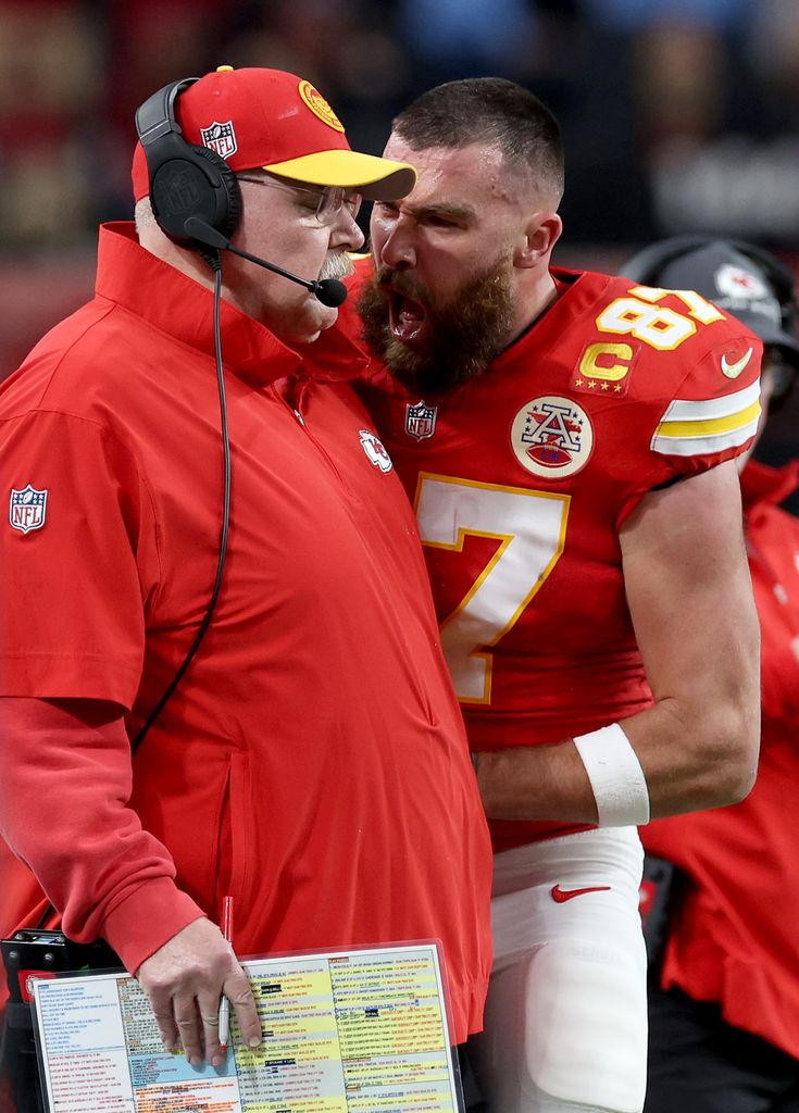 Travis Kelce #87 of the Kansas City Chiefs reacts at Head coach Andy Reid in the first half against the San Francisco 49ers during Super Bowl LVIII at Allegiant Stadium on February 11, 2024 in Las Vegas, Nevada