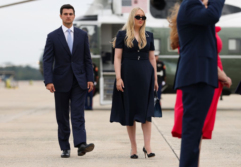 Tiffany Trump daughter of U.S. President Donald Trump and her husband Michael Boulos (L) board Air Force One on September 16, 2025 in Joint Base Andrews, Maryland. 