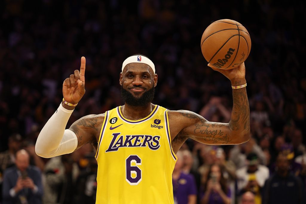 LeBron James #6 of the Los Angeles Lakers reacts after scoring to pass Kareem Abdul-Jabbar to become the NBA's all-time leading scorer, surpassing Abdul-Jabbar's career total of 38,387 points against the Oklahoma City Thunder at Crypto.com Arena on Februa
