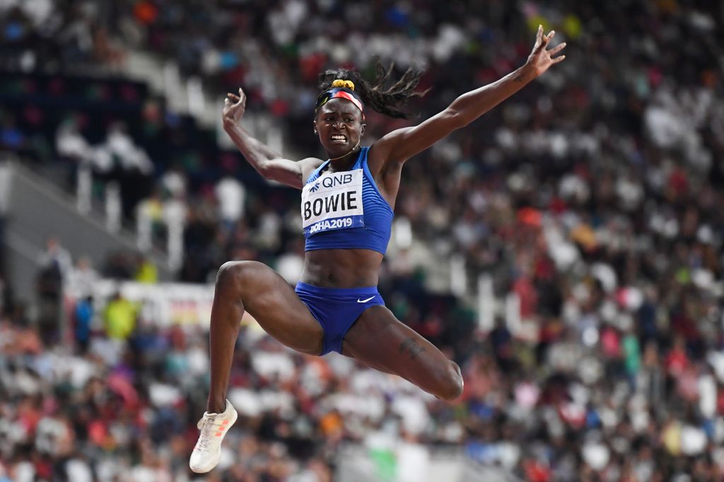 USA's Tori Bowie competes in the Women's Long Jump final at the 2019 IAAF Athletics World Championships at the Khalifa International stadium in Doha on October 6, 2019