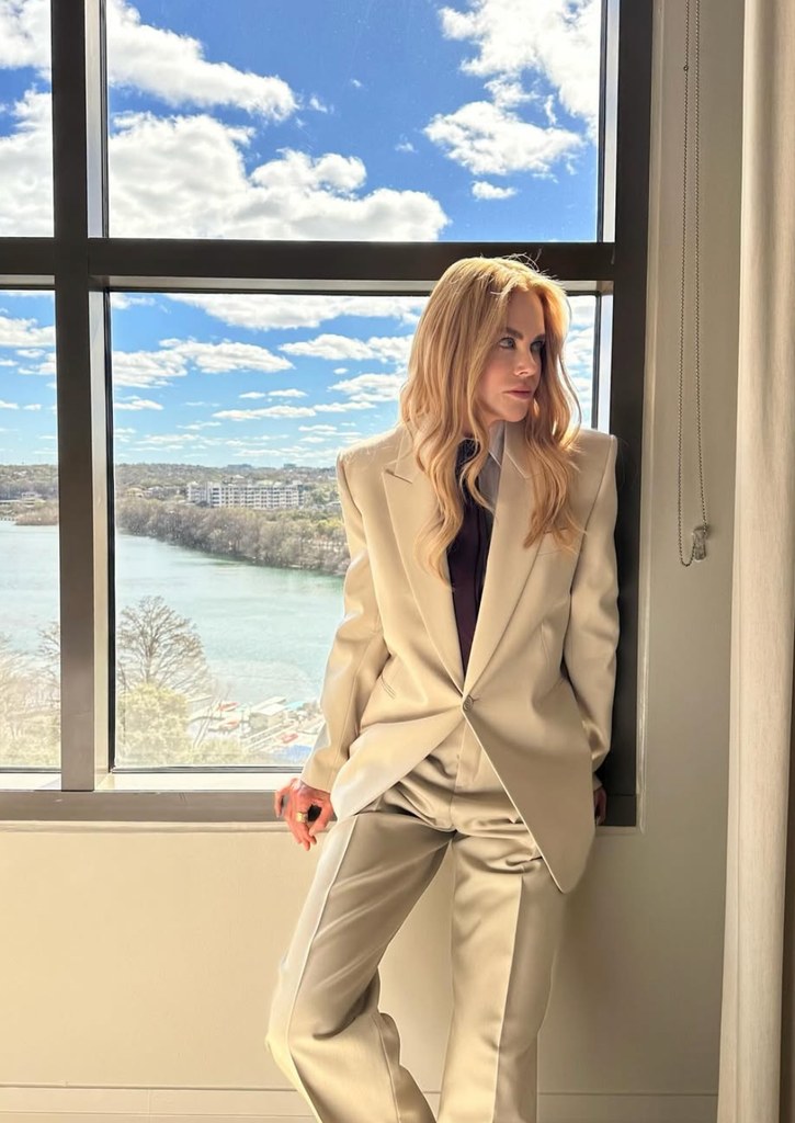 Photo shared by Nicole Kidman's stylist Jason Bolden of her wearing a beige Saint Lauren Suit before the premiere of Holland at SXSW