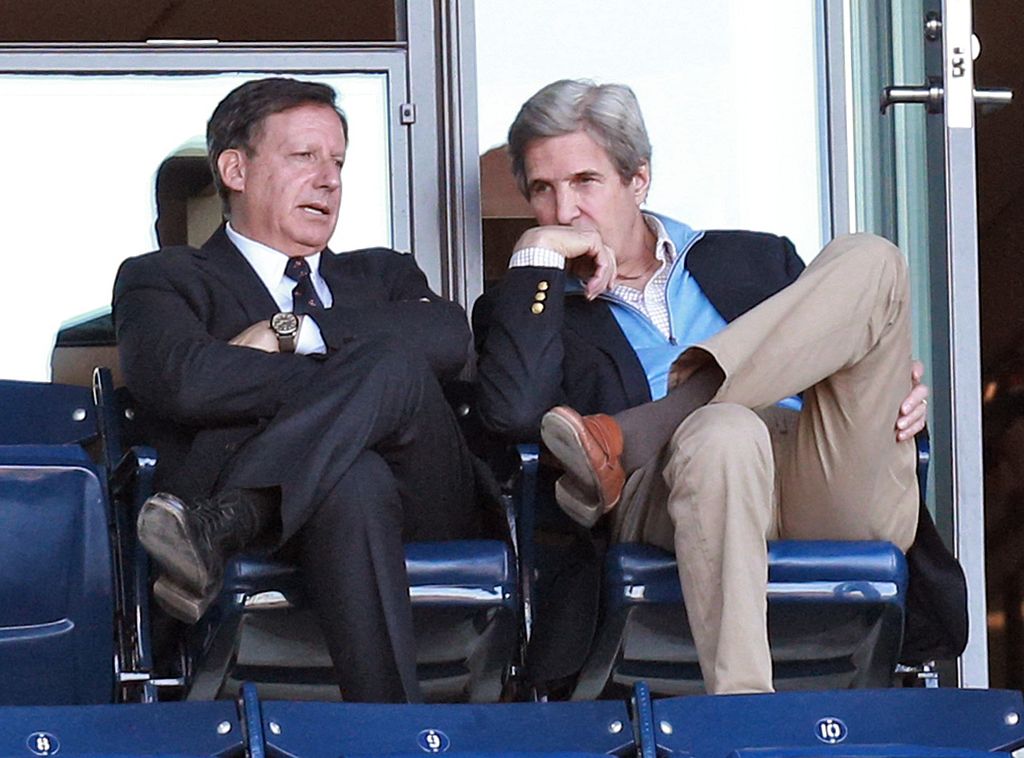 Red Sox chairman, Tim Werner talks with former United States Secretary of State John Kerry 