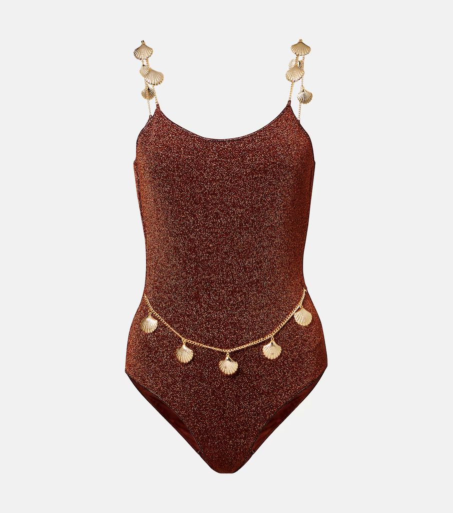 Lumière Shells embellished swimsuit with brown sparkle backdrop