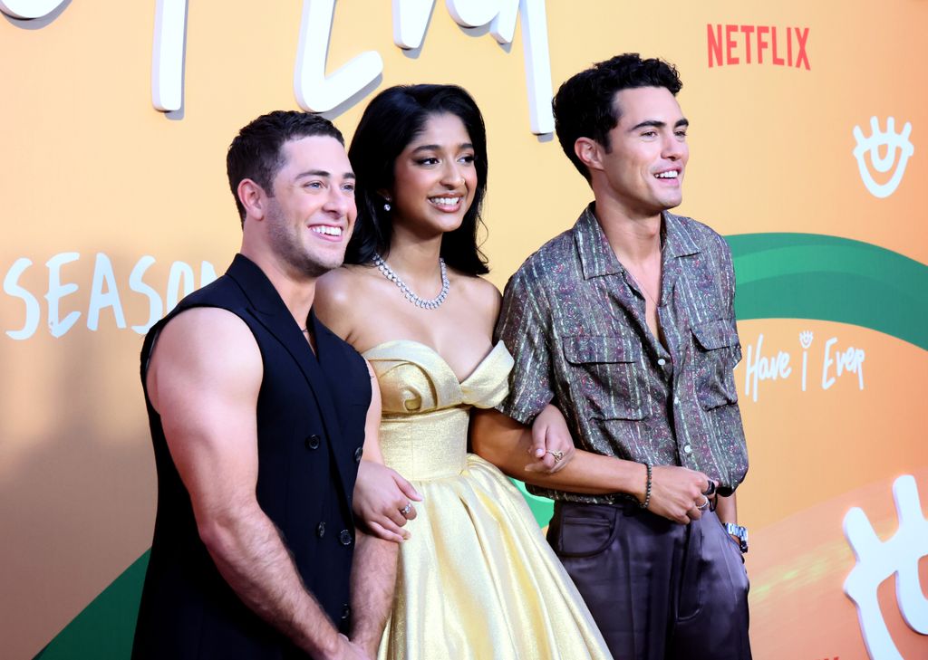 Jaren Lewison, Maitreyi Ramakrishnan and Darren Barnet attend Netflix's "Never Have I Ever" season 4 premiere at Westwood Village on June 01, 2023 in Los Angeles, California. (Photo by Rodin Eckenroth/Getty Images for Netflix)