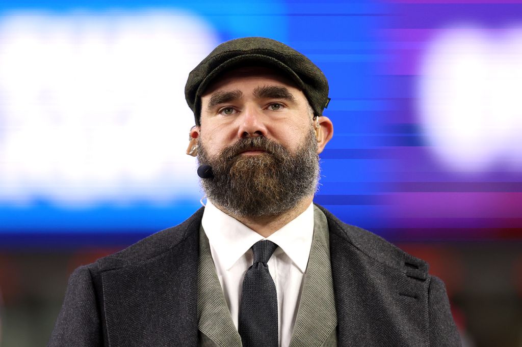 Jason Kelce looks on during the second quarter of the game between the New York Giants and the New England Patriots at Gillette Stadium on December 01, 2025 in Foxborough, Massachusetts.