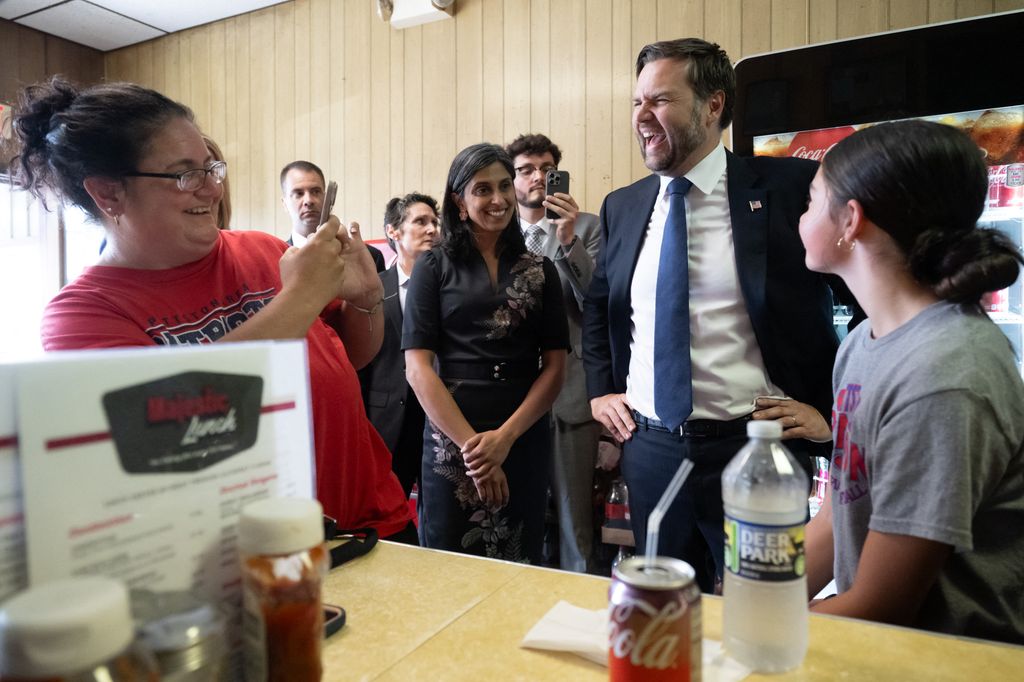 US Vice President JD Vance and Second Lady Usha Vance greet patrons during a surprise stop at the Majestic Lunch diner in Pittston, Pennsylvania, July 16, 2025.