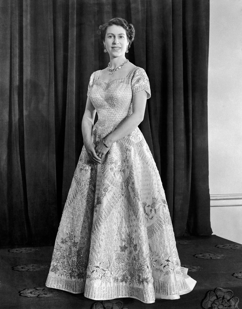 Queen Elizabeth II wearing her Coronation gown