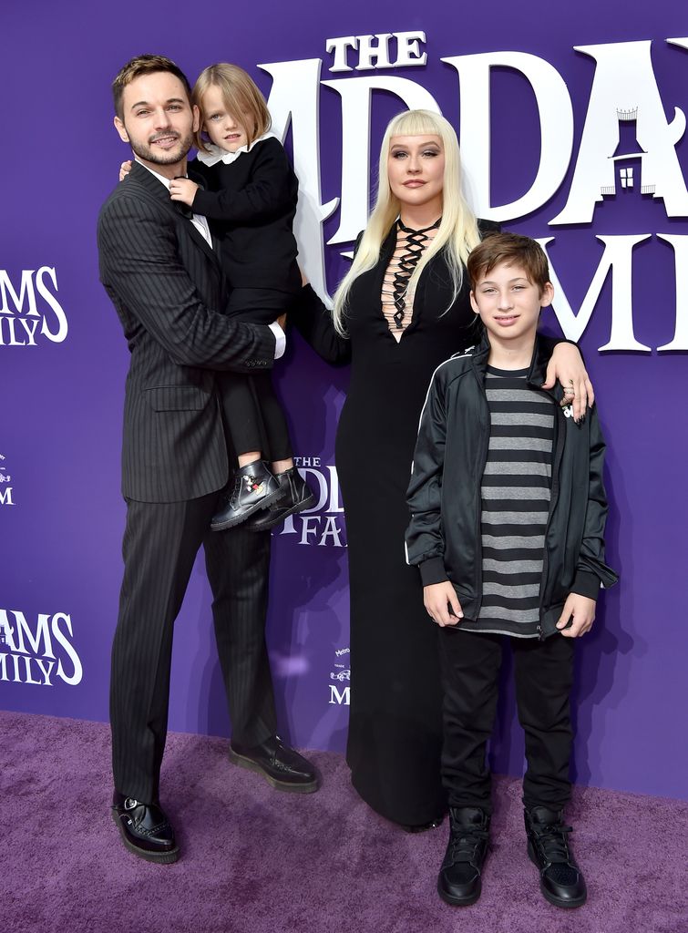 Christina Aguilera, Matthew Rutler, Max Bratman and Summer Rain Rutler attend the Premiere of MGM's "The Addams Family" at Westfield Century City AMC on October 06, 2019 in Los Angeles, California