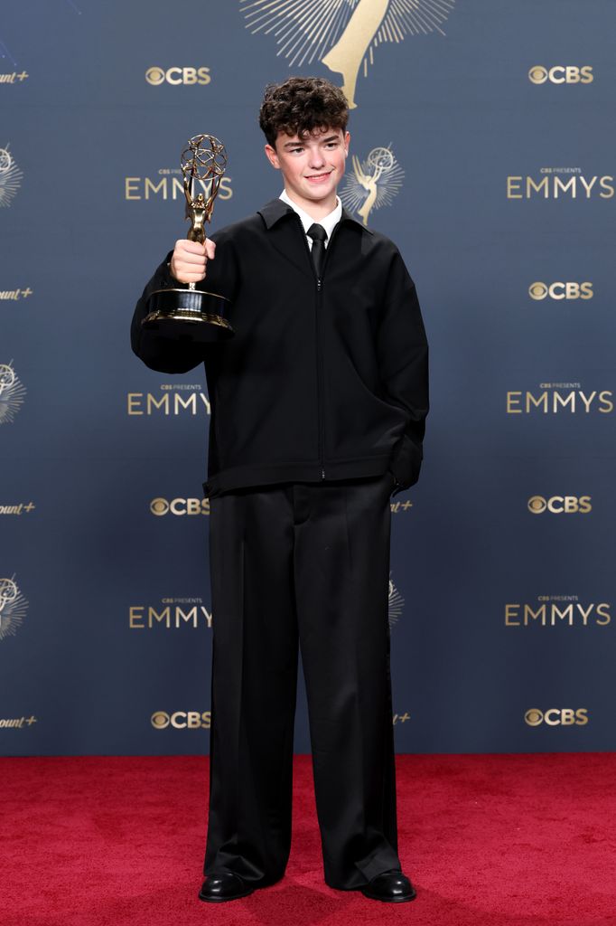 Owen Cooper, winner of Outstanding Supporting Actor in a Limited or Anthology Series or Movie for "Adolescence," poses in the press room during the 77th Primetime Emmy Awards at Peacock Theater on September 14, 2025 in Los Angeles, California.  (Photo by Amy Sussman/Getty Images)