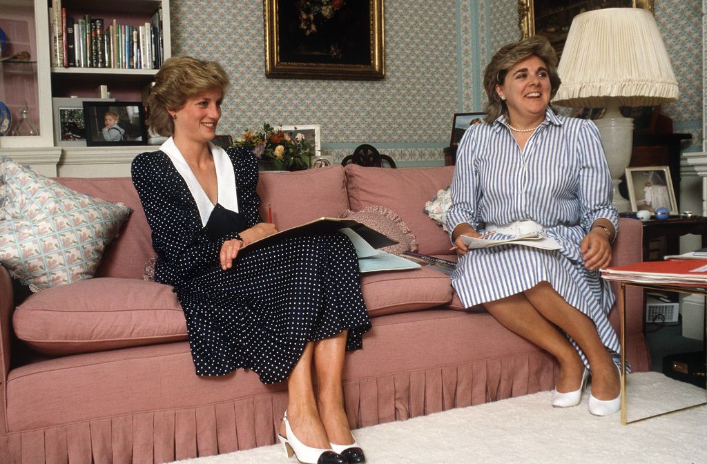 Princess Diana in her sitting room at Kensington Palace in polka dot dress