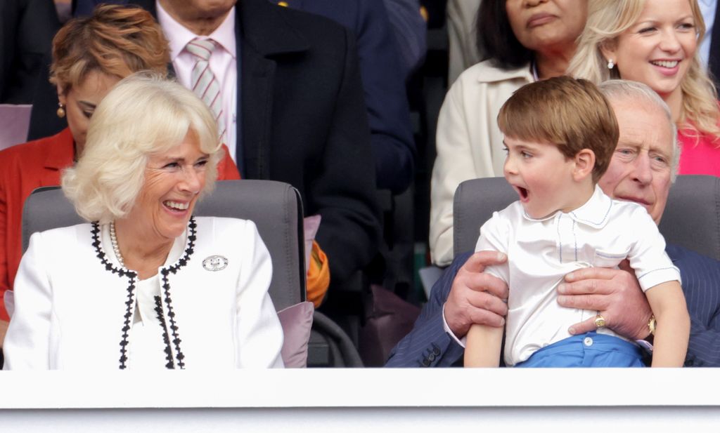 Camilla, Duchess of Cornwall laughs with Prince Louis during the Platinum Pageant in 2022