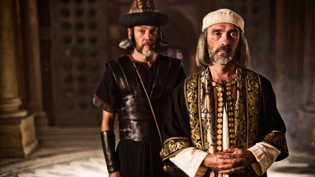 Adrian Schiller (right) as Caiaphas in TV series The Bible