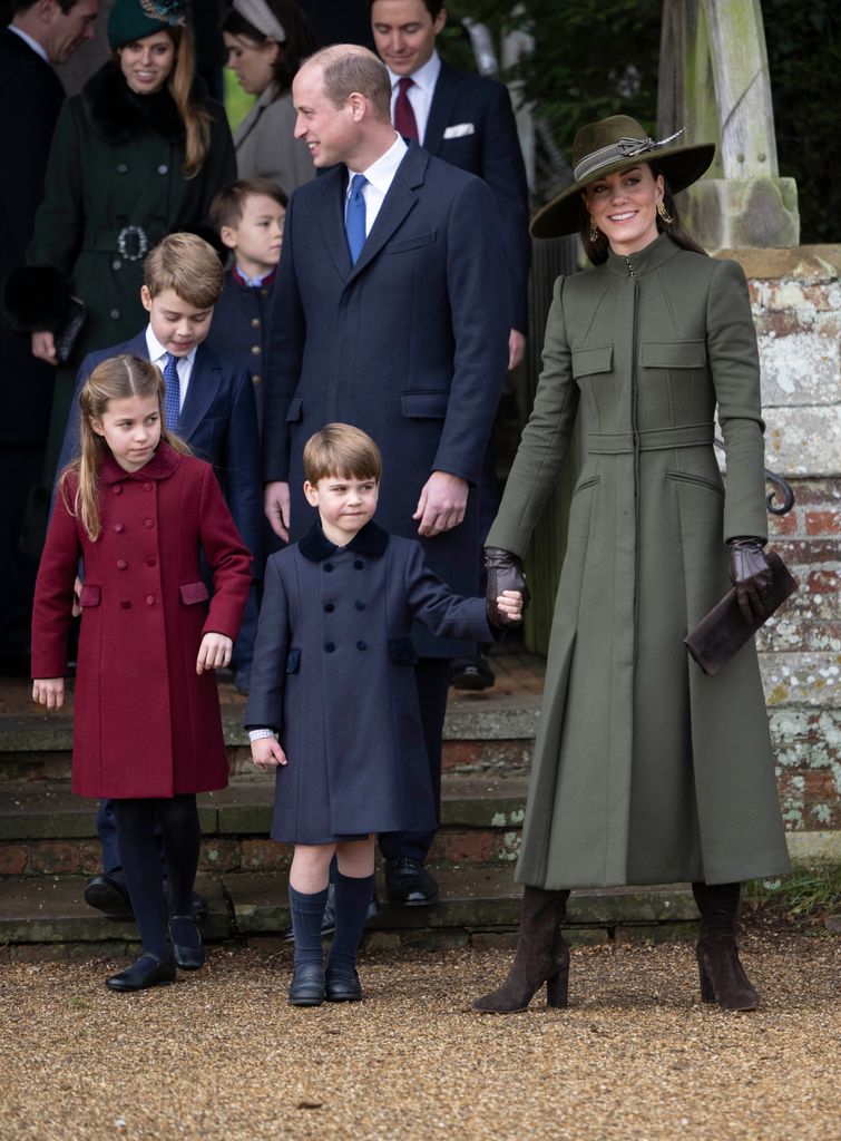 Prince William, Prince of Wales and Catherine, Princess of Wales with Prince George of Wales, Princess Charlotte of Wales and Prince Louis of Wales outside church