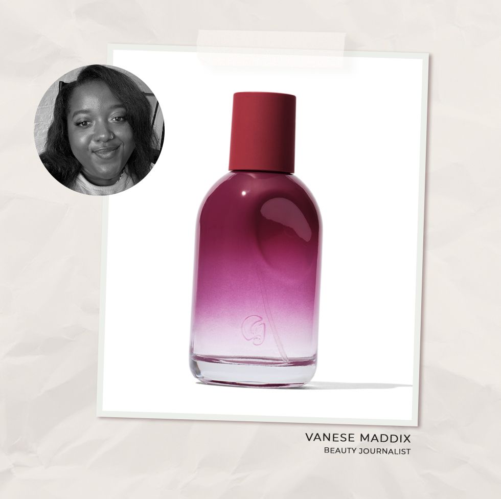 collage of vanese maddix and a bottle of Glossier Reve